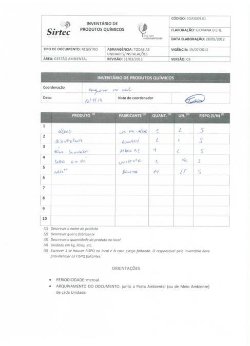 Inventário Mensalmente é realizado em cada unidade o inventário dos produtos químicos no local.