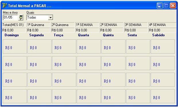 Total mensal a pagar é um calendário, que totaliza por dia os pagamentos de acordo com as opções desejadas, que podem ser contas pagas, a pagar ou todas. Observação.