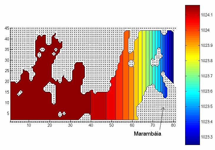 Através dessa distribuição analítica de temperatura e salinidade, foram obtidos os valores desses parâmetros para cada ponto de grade em cada uma das seis camadas sigma. As Figuras 6.34 e 6.