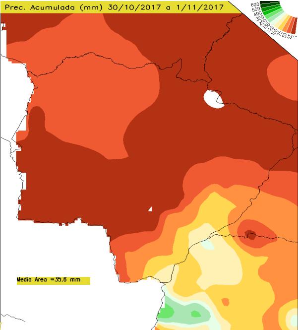 Figura 1: Precipitação acumulada em Mato Grosso do Sul de 30/10 a 01/11/2016 respectivamente. Fonte: clima1.cptec.inpe.