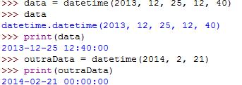 Classe datetime - Métodos datetime (year, month, day[, hour[, minute[, second[, microsecond[,tzinfo]]]]]): converte os parâmetros fornecidos em um