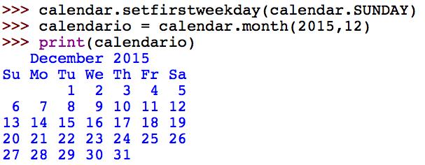 Classe calendar - Métodos setfirstweekday() configura o primeiro dia da semana