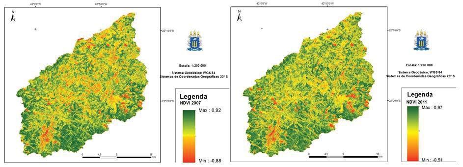 indicam decréscimo de NDVI e os números positivos significam ganho de NDVI. Já os valores próximos a zero correspondem a pouca variação do índice de vegetação.