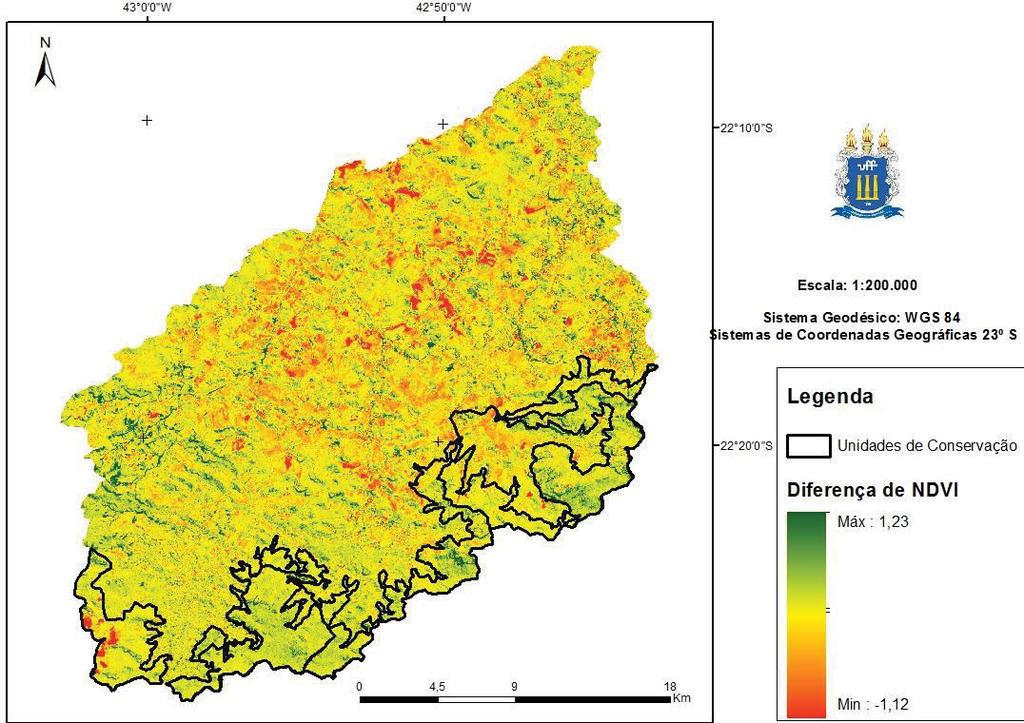 A verificação das mudanças ocorridas na cobertura vegetal entre os anos de 2007 e 2011 é representada pela Figura 4, com o mapa de diferença de NDVI, gerado a partir da Equação 2.