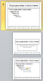 Use seu slide mestre 1. Na guia Exibir, grupo Modos de Exibição Mestres, clique em Slide Mestre. 2. Você já sabe, existe um mestre geral e mestres específicos para cada diferente tipo de layout.