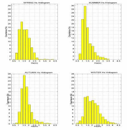 Ao longo do ano, a ondulação mais comum é a de sul com período em torno de 12s, enquanto que as vagas dominantes são de leste com período de 8s.