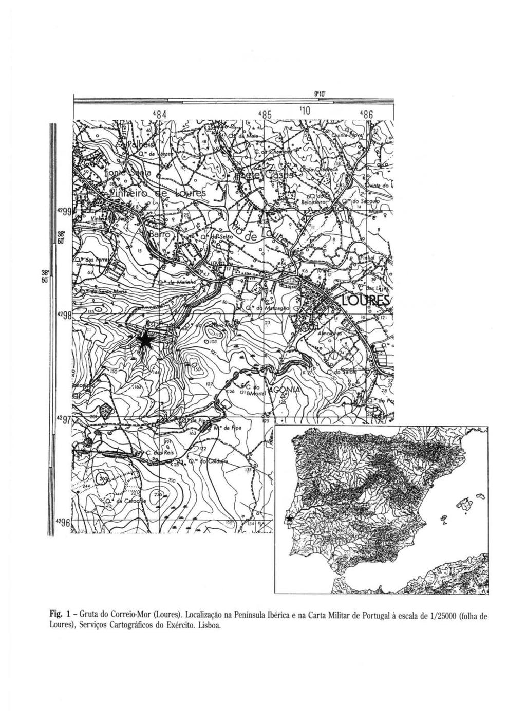 Fig. 1 - Gruta do Correio-Mor (Loures), Localização na Península Ibérica e na Carta Militar de