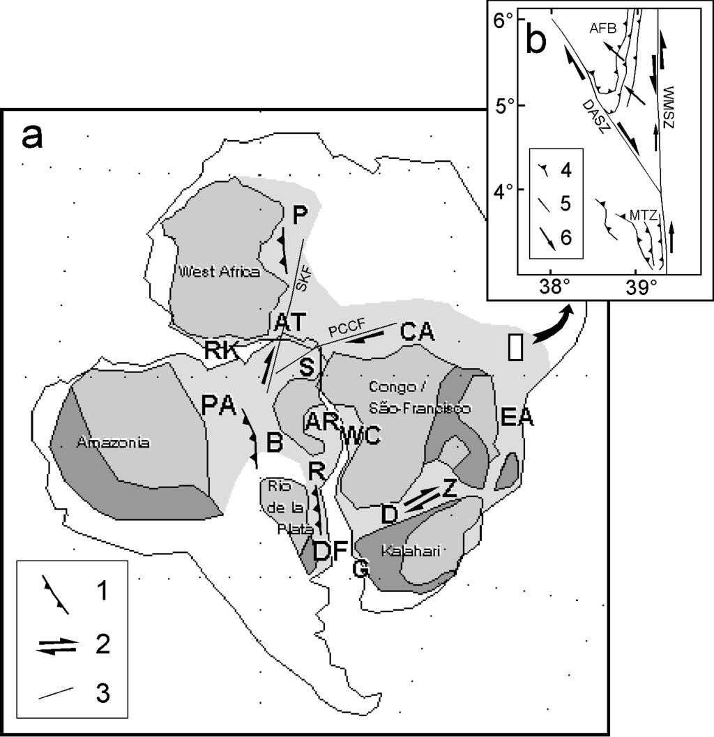 Oeste do Gondwana As regiões em tom de cinza mais escuro são chamados de crátons: Amazônia; Oeste África; Congo-São Francisco; Kalahari; Rio