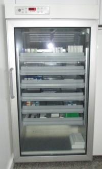 No laboratório encontra-se um frigorífico (figura 4), mantido a -6ºC, onde são armazenados produtos que necessitam de ser conservados no frio como vacinas, colírios,