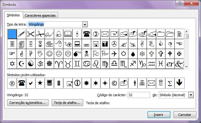 Caso pretenda outro tipo de símbolo, clique em Mais Símbolos. Surgirá então uma janela que nos irá permitir um entre várias centenas de símbolos, separados por Tipo de Letra.