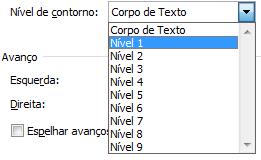 Se estivermos a criar o estilo para um título principal devemos seleccionar na caixa Nível de Contorno