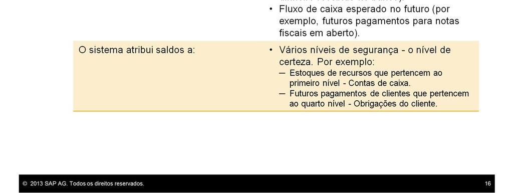 O relatório de fluxo de caixa exibe saldos de estoques de recursos (como dinheiro no banco) e fluxo de caixa esperado no futuro (como futuros pagamentos de notas fiscais