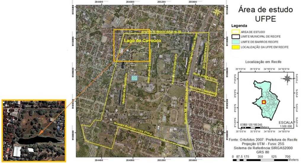 Figura 4 Localização da área com o recorte da imagem IKONOS-2 do Campus Joaquim Amazonas da UFPE com data de aquisição de 15/04/2013. Adaptada: Silva (2014).