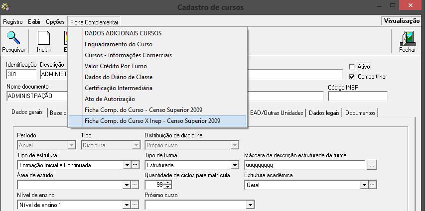 Para o curso compartilhado ser reconhecido pelo Censo, no GVcollege em Cadastro de Cursos, deve-se selecionar a opção Compartilhar, o campo Código INEP deve ser em branco, informar o Nível de Ensino