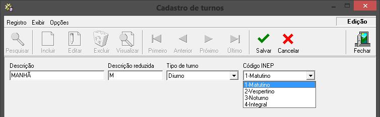 Para satisfazer este requisito o Cadastro de Turnos fornece a opção para informar o código do turno do INEP equivalente ao cadastro de turnos já existente.