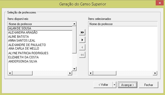 17.1 Tela de Seleção de Professores A tela de Seleção de Professores permite que sejam selecionados quais os professores serão exportados para o INEP.