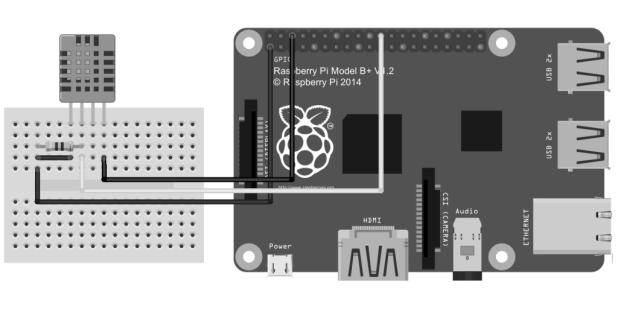 Para montagem do circuito (Figura 1) foram utilizados os pinos 1 (VCC), 7 (GPIO4) e 6 (GND) do RPI ligados respectivamente ao pinos 1 (VCC), 2 (sinal) e 4 (GND) do sensor, entre os pinos 1 e 2 foi