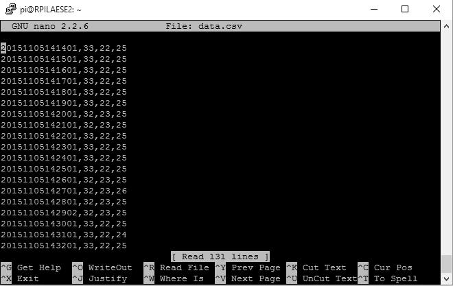 * * * * * cd /var/www/admin; /bin/bash temp.sh Figura 5. Arquivo csv. Com o armazenamento dos dados no arquivo csv foi possível gerar um gráfico utilizando a biblioteca javascript dygraphs.