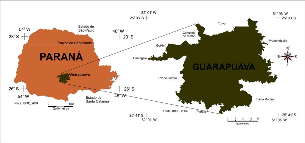 Material e Métodos Neste trabalho a base cartográfica do município de Guarapuava, estado do Paraná, (Figura 1) foi obtida através de Levantamento Aerofotogramétrico realizado em 1996, na escala 1:2.