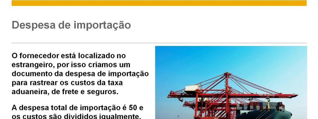 O fornecedor está localizado no estrangeiro, por isso criamos um documento da despesa de importação para rastrear os custos