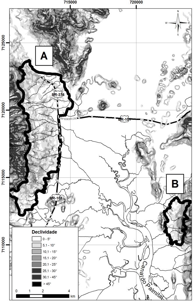 FIGURA 4: Mapa de declividade com destaque para os Depósitos de pedimento. A) Formação Iquererim; B) Formação Barranco.