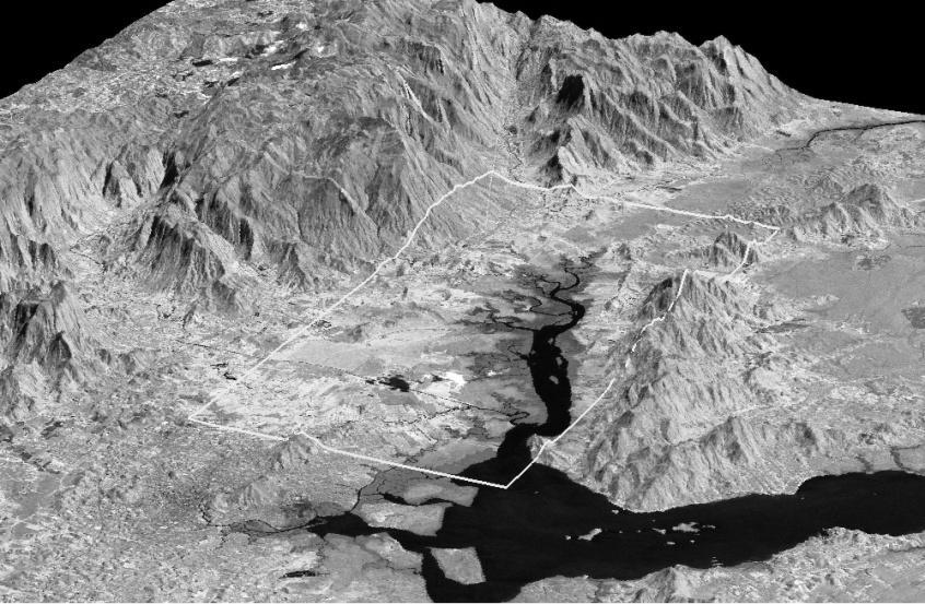 FIGURA 2: Imagem Landsat ETM+ de 02/09/2002, fusão RGB, sobreposta ao Modelo Digital do Terreno (MDT) com destaque para a área de estudo.