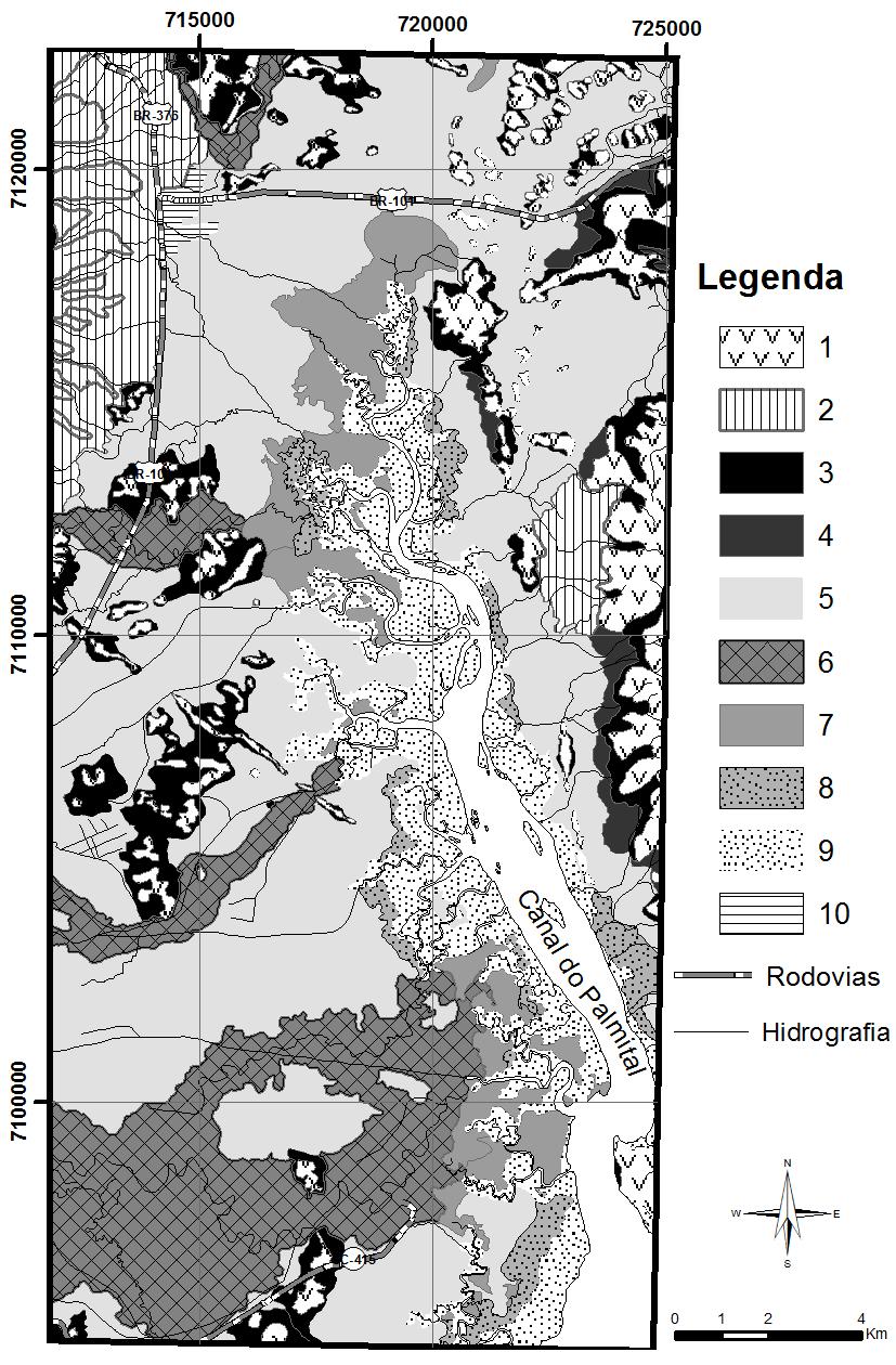 FIGURA 3: Mapa geológico costeiro do canal do Palmital, litoral Norte do estado de Santa Catarina. 1) Embasamento cristalino indiferenciado; 2) Depósito de pedimento (Formação Iquererim).