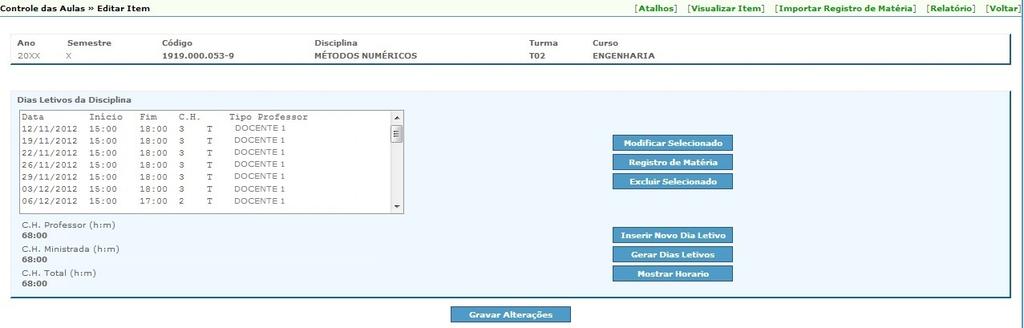 Ao clicar neste item, o docente terá a sua disposição várias opções.