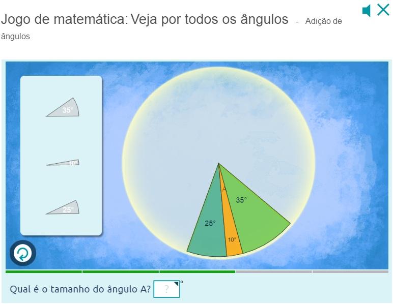 9 P e rgunt e : Qual a medida do ângulo A? Como você sabe? Adicionamos os três ângulos, de medidas 35,25 e 10, então a medida do ângulo A é 35 + 25 + 10 = 70.