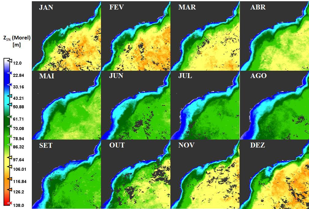 Figura 8: Zona eufótica estimada pelo modelo ZEU Morel. Os valores do modelo ZEU Lee e ZEU Morel foram máximos na região Oceâno Norte e Sul durante o verão (138 e 118 metros, repectivamente).