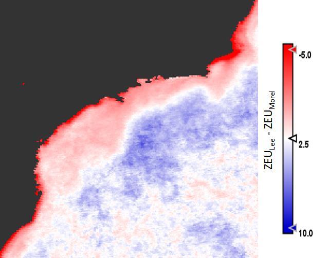 Figura 11: Diferença entre as profundidades da zona eufótica estimadas pelo modelo de Lee et. al., (2007) e Morel et. al., (2007). Regiões em azul a ZEU Lee é maior que a ZEU Morel.