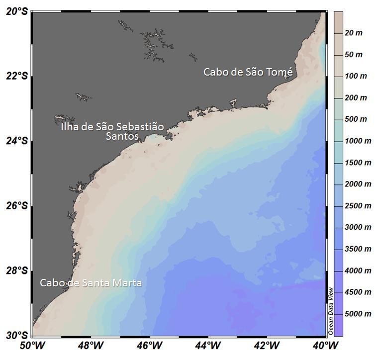 2. Metodologia 2.1. Área de Estudo A área de estudo compreende a Bacia de Santos, Oceano Atlântico Sudoeste, entre aproximadamente as latitudes de 20 S (Cabo de São Tomé) e 30 S (Cabo de Santa Marta).