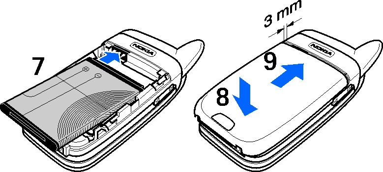 Feche o suporte do cartão SIM (6) e prima-o até encaixar com um estalido. Volte a colocar a bateria (7).