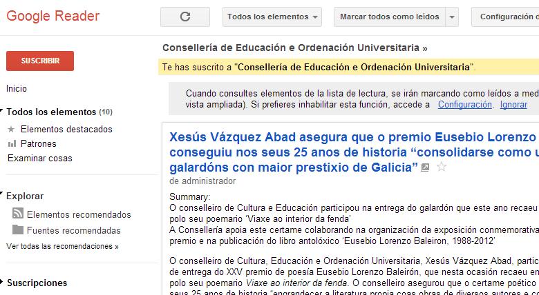 Vemos que xa podemos ver as novas da páxina da Xunta en Google Reader.