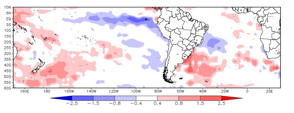 A anomalia negativa da Temperatura da Superfície do Mar (TSM) no Pacífico Equatorial Central (Figura 2) indica características de evolução do evento La Nina.