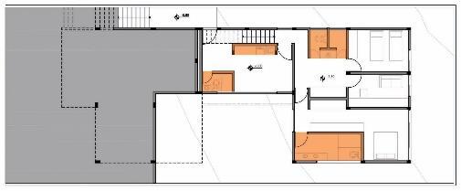 Os setores íntimos apresentam uma diferença: casa LE, se observa os núcleos de banheiro no intermeio dos quartos e voltados para a fachada externa, intercalando com as aberturas dos dormitórios, o