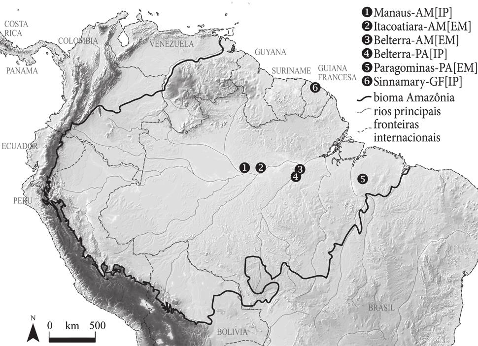 Acta bot. bras. 24(4):883-897. 2010. 885 Figura 1. Localização das áreas selecionadas para este estudo (Mapa do bioma adaptado de PNUMA & OTCA 2008; relevo adaptado do GTOPO30, cortesia U.S.