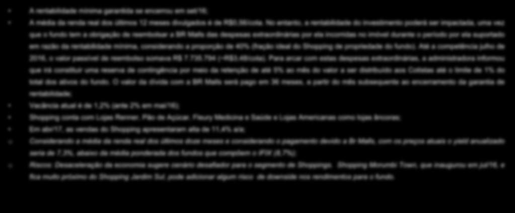 Shpping Jardim Sul A rentabilidade mínima garantida se encerru em set/16; A média da renda real ds últims 12 meses divulgads é de R$0,56/cta.
