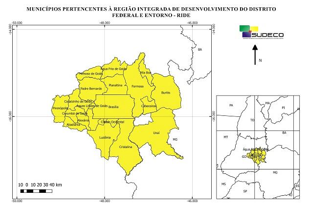 Figura 1: Municípios pertencentes à Região Integrada de Desenvolvimento do Distrito Federal e Entorno (Ride-DF) Fonte: Sudeco (2016).