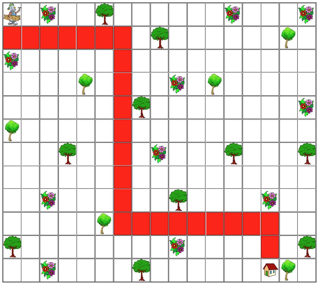 9. O robô Atom precisa levar uma encomenda até a casa de Pedro. Seguindo o mapa, o robô pode se movimentar apenas na vertical e na horizontal e deve desviar de árvores e flores.