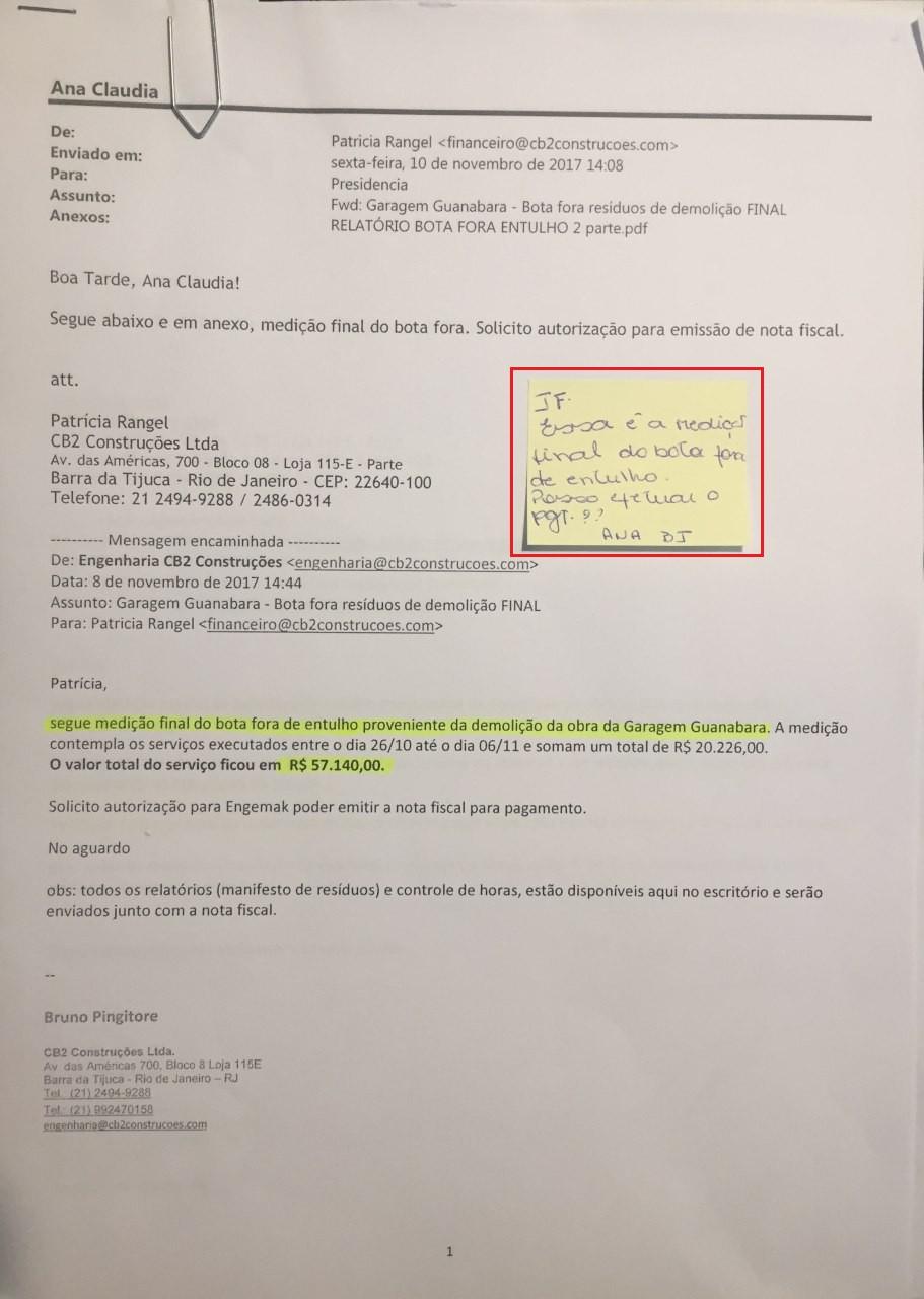 Foi localizado, ainda, e-mail impresso com assunto Garagem Guanabara Bota fora resíduos de demolição FINAL, no qual consta bilhete solicitando ordem de JACOB BARATA FILHO (JF) : JF, essa é a medição