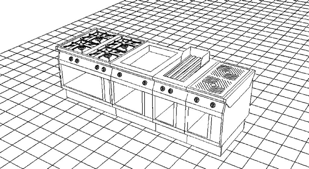 26 electrolux thermaline S90 Opções de instalação Contra a parede com alçado 1 - Fritadeira (1x23 lt.) 2 - Elemento neutro 400 mm sobre base aberta 3 - Fogão multifunções 4 - Marmita eléctrica 60 lt.