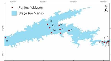 2 Método Dados radiométricos acima da superfície da água foram coletados em 14 pontos localizados na área de estudo em março de 2008 (Figura 3).