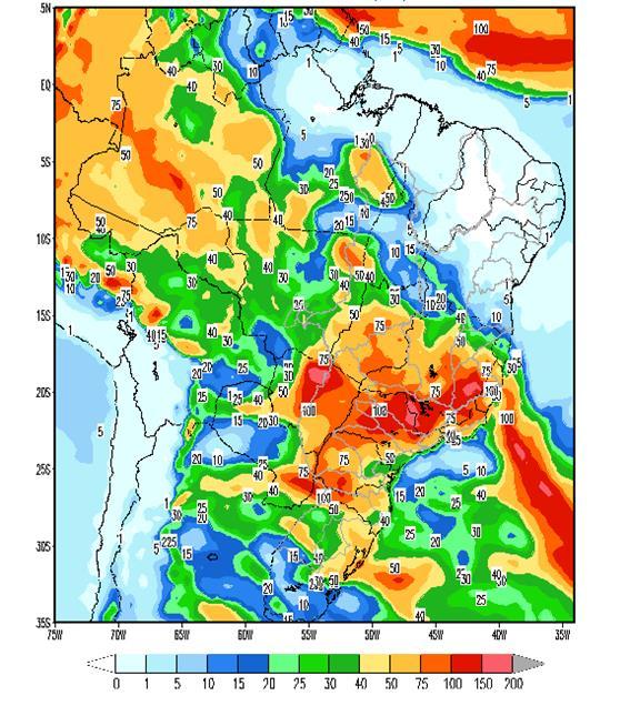 Figura 5 - Precipitação acumulada prevista pelo modelo ETA (CPTEC/INPE) para o período de 28/10 a 03/11/2017 Nas bacias dos rios Paranapanema, Grande, Paranaíba e Iguaçu, e parte das bacias dos rios
