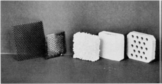 Several common filtration and flow modification devices (from left to right): strainer core, extruded ceramic filter, ceramic foam filter, mica screen, and woven fabric screen.