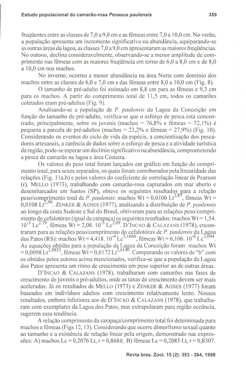 Estudo populacional do camarão-rosa Penaeus paulensís 359 freqüentes entre as classes de 7,0 a 9,0 cm e as fêmeas entre 7,0 a 10,0 cm.