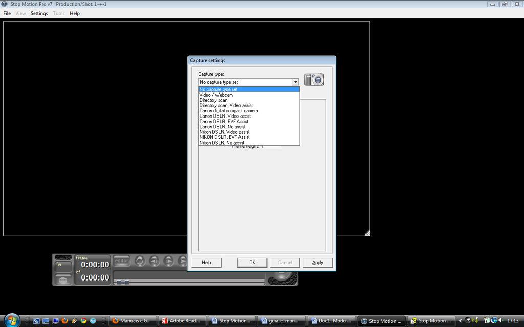 Após este processo aparecerá outra caixa, de nome Capture Settings que serve para mostrar/escolher o hardware disponível para uso do programa enquanto se faz a animação.