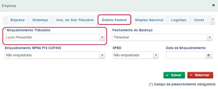 Na aba Endereço confira se o seu endereço está correto, e na aba Âmbito Federal precisamos definir o