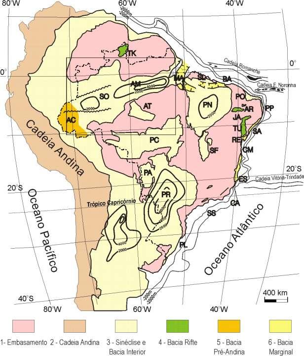 Esboço geológico da Plataforma Sul-americana 1 - Rochas do Embasamento (principalmente idade pє) 2 - Cadeia Andina 3 - Sinéclises e bacias interiores (principalmente idade PZ-MZ) 4 - Bacias do