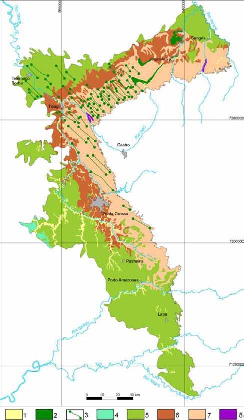 e Geologia dos Campos Gerais e e e e e e 1. Sedimentos Recentes 2. Magmatismo Serra Geral V e e 3.